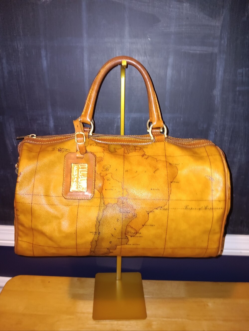 Alviero Martini Yellow Map-Print Leather Boston Bag With Lock & Key